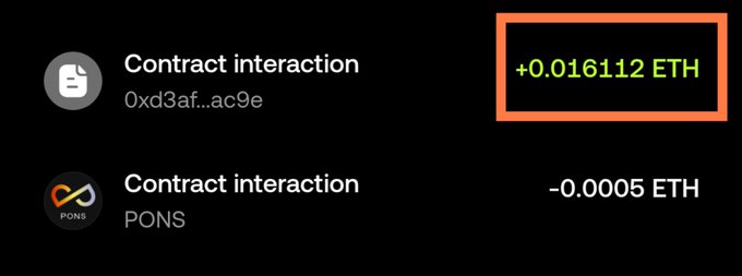 A screenshot showing two cryptocurrency transactions: a contract interaction earning +0.016112 ETH and another costing -0.0005 ETH involving the PONS token.