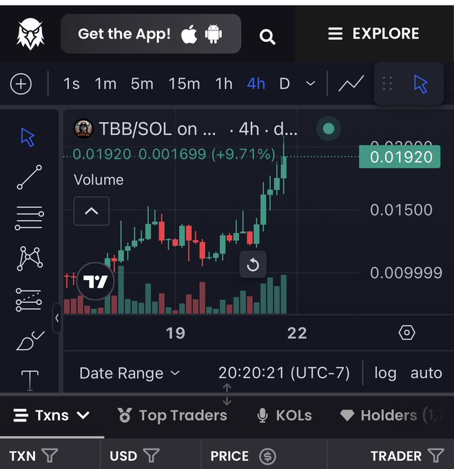 A mobile trading app screenshot displaying a candlestick chart for TBB/SOL token, showing a price of 0.01920 with a +9.71% gain over a 4-hour timeframe.