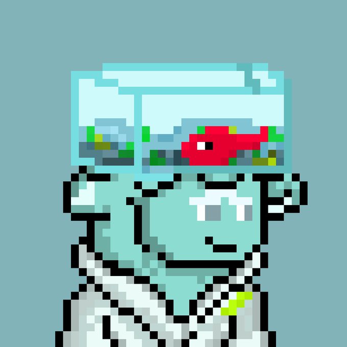 A pixel art character with light blue skin wears a white lab coat and has a glass fishbowl on their head containing water, green plants, and a red fish. The image ties to the "GN partner NFTs" post as a quirky pixelated avatar-style character, fitting the playful NFT aesthetic often used in crypto collectibles.
