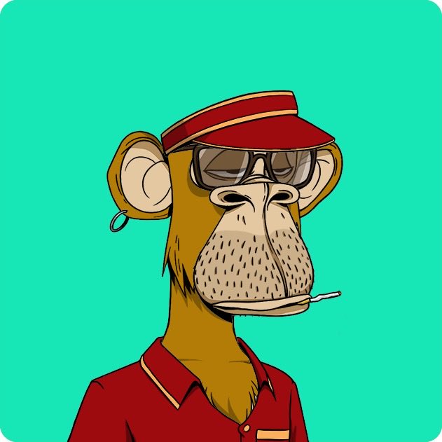 A cartoon illustration of a Bored Ape-style monkey character wearing a red visor cap, sunglasses, a red polo shirt, and a gold chain, with a cigarette in its mouth.
