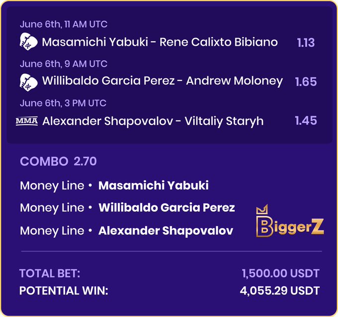 The image shows a purple background with white text that displays information about a weekend event featuring three professional wrestlers. The event takes place at a venue named Masamichi Yabuki, and there are two scheduled matches against each other. One match is scheduled for Saturday, June 6th at 9 AM, while the other match will be held on Saturday, June 8th at 3 PM. The text also mentions that there might be additional matches or a combo deal involving money lines and potential win amounts.