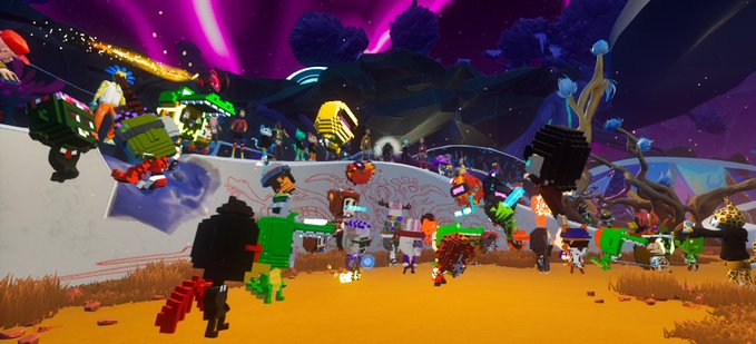 A chaotic, colorful virtual environment, likely a Roblox game, filled with numerous blocky avatars gathered in a vibrant, otherworldly landscape with neon colors.