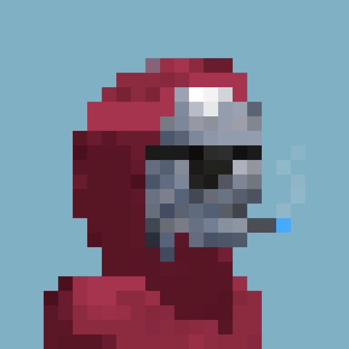 A pixel art depiction of a red-hooded figure with a metallic/silver face and visor against a light blue background, evoking a Star Wars-inspired character.