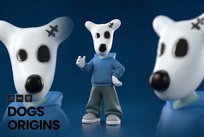 A 3D rendered character with a white dog head wearing a blue hoodie and gray pants, titled 'DOGS ORIGINS' in the bottom left corner.