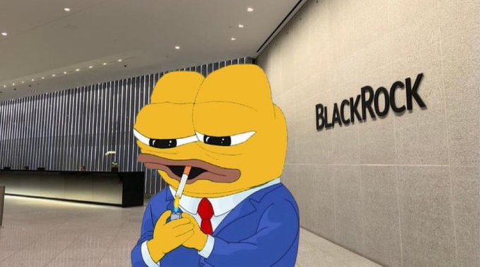 A cartoonish "Hopium" frog wearing a suit and lighting a cigarette is superimposed in the lobby of a BlackRock office, referencing the post about BlackRock purchasing $163,940,000 in Bitcoin. The image humorously depicts smug optimism about the financial giant's bullish move into cryptocurrency.