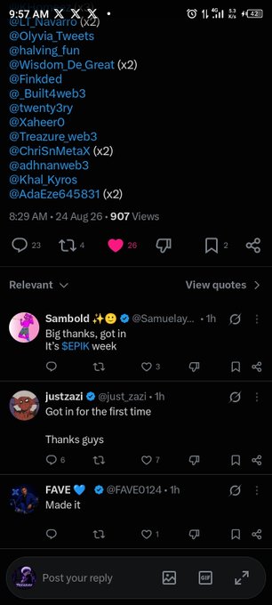 A screenshot of an X (Twitter) post tagging multiple users including @Olivia_Tweets, @halving_fun, @FinkDed, @Built4web3, and others, with replies from Sambold, justzazi, and FAVE celebrating SEPIK week.