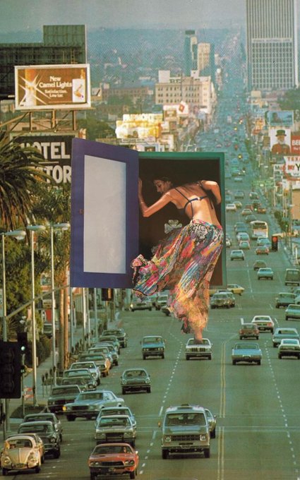 A surreal collage shows a woman emerging from a giant blue door suspended in the air over a busy Los Angeles freeway, with billboards visible in the background.