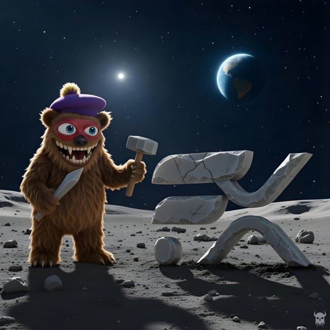 A 3D render of a furry, brown bear-like character wearing a purple beret and red mask, holding a hammer and chisel, carving a large stone Solana 'S' logo on the moon with Earth visible in the starry sky.