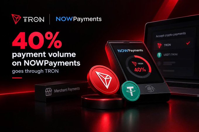 A promotional graphic featuring the TRON and NOWPayments logos with text stating '40% payment volume on NOWPayments goes through TRON', alongside a payment terminal displaying cryptocurrency acceptance options.