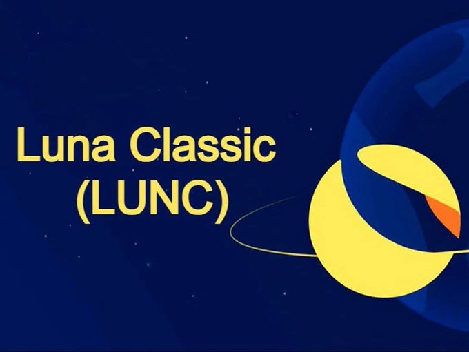 A graphic displaying "Luna Classic (LUNC)" in yellow text against a dark blue background with an illustrated yellow and blue planet.