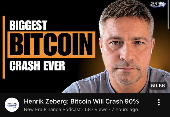 A YouTube thumbnail from "New Era Finance Podcast" titled "BIGGEST BITCOIN CRASH EVER," featuring Henrik Zeberg predicting a 90% Bitcoin crash. The video was uploaded 7 hours ago with 587 views and a runtime of 59:56, reinforcing the post's bullish "buy the dip" sentiment during the predicted downturn.
