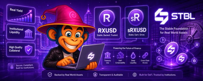 A promotional graphic for the STBL (Stable) Foundation featuring a monkey mascot wizard and two tokens—RXUSD (Stable, Backed, Trusted) and sRXUSD (Stake, Earn, Grow)—with highlights like Real Yield, Institutional Liquidity, High Quality Collateral, and Secure, Compliant, Built for Institutions.