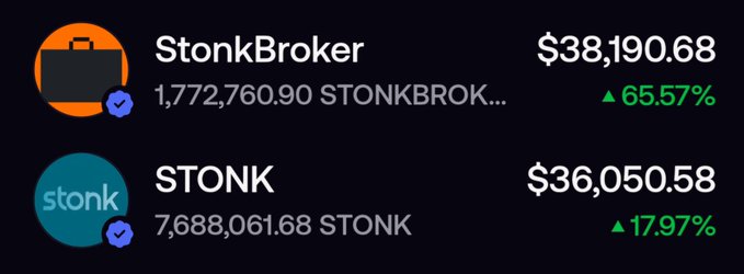 A crypto/stock tracking dashboard displays StonkBroker ($38,190.68, up 65.57%) and STONK ($36,050.58, up 17.97%), both marked with verified checkmarks, illustrating the "barbell" portfolio strategy referenced in the caption of holding both assets side by side.