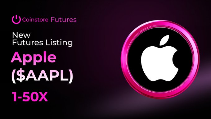The promotional image for Coinstore Futures announces the new listing of Apple ($AAPL) futures contracts with 1-50x leverage, featuring the Apple logo prominently displayed within a pink circular frame against a dark background.