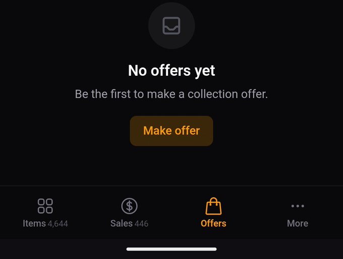 A mobile app screen showing 'No offers yet' with a 'Make offer' button, displaying 4,644 items and 446 sales.
