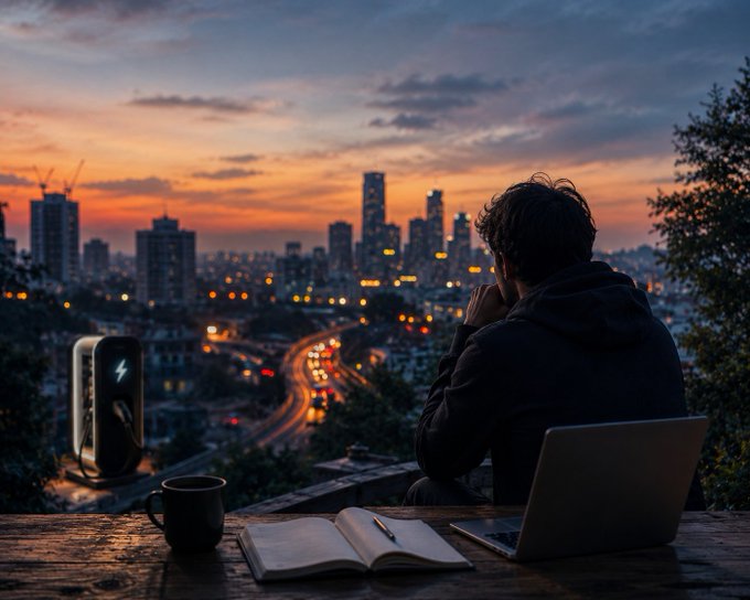 A person with a laptop sits at a wooden desk looking out at a cityscape at sunset, with a notebook, coffee mug, and a portable charger visible in the foreground.