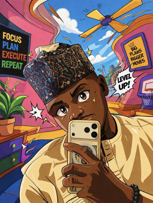A stylized digital illustration shows a young man wearing a patterned hat holding a phone, surrounded by motivational text like 'FOCUS PLAN EXECUTE REPEAT' and 'LEVEL UP!'.