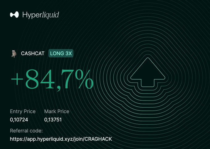 The image shows a Hyperliquid trading interface displaying a long 3x position on $CASHCAT with a +84.7% gain, an entry price of 0.10724, and a mark price of 0.13751. This aligns with the post's boast about catching the bottom, visually confirming the profitable long trade on the meme token.