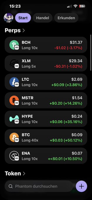 The image shows an iPhone screen displaying various symbols of cryptocurrency, including Bitcoin and Etherum (ETH). The screen has a list of different symbols along with their respective values in both positive and negative currency. The user interface features icons for long 10x, 3x, and 1x, each representing specific cryptocurrency markets or exchanges that the user can use to trade these digital assets. The image also includes several text fields where users can enter information like the amount of money they are willing to invest or the price at which they would like to buy or sell their tokens.