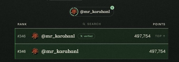 A leaderboard ranking screen shows the user @mr_karahan at rank #346 with 497,754 points, displayed both with and without a verified checkmark.