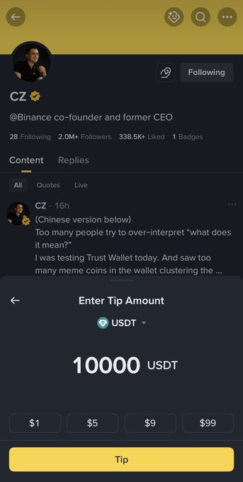 A Twitter/X profile page for CZ (@Binance co-founder and former CEO) showing a post about testing Trust Wallet, with a tip menu overlay offering an option to tip 10000 USDT.