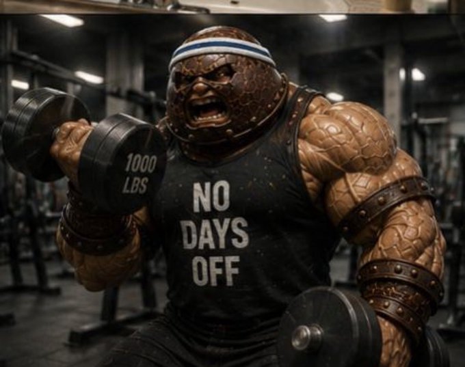 A massively muscular figure with a textured, stone-like skin and a sweatband lifts a 1000 LBS dumbbell while wearing a "NO DAYS OFF" tank top. The image's intense gym aesthetic and relentless weightlifting reinforce the motivational "Lock in mfers" message, symbolizing unwavering dedication and relentless effort.