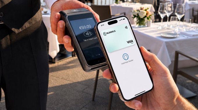 A waiter in formal attire holds a point-of-sale terminal showing '€50.00' and 'Tap or insert card' as a customer uses a smartphone to pay with a Nummus Visa card held in virtual reader mode.
