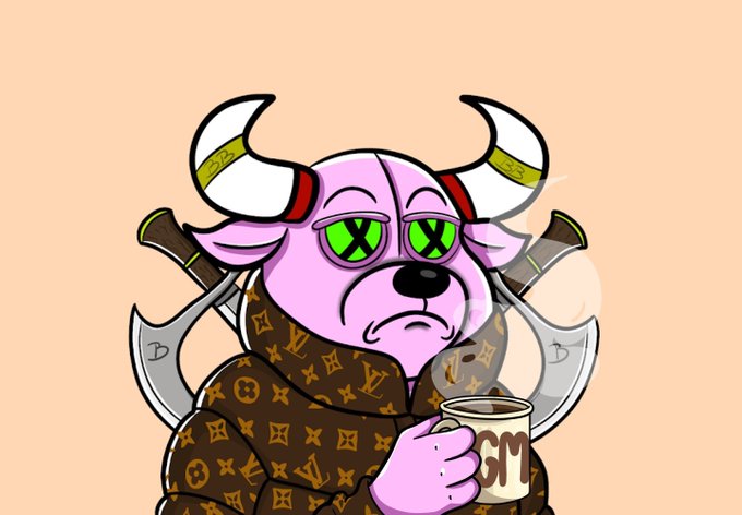 A cartoon illustration of a pink bull-like character wearing a Louis Vuitton monogram robe, with green Pepe eyes, holding a cup that says 'GM' and surrounded by weapons.