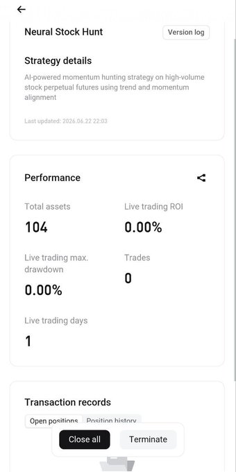 The image shows a phone screen displaying information about a stock hunt, including details such as strategy, performance, and live trading options. The user has already completed their project and is now sharing their experience with others by writing a post. The post includes a caption that reads "Finally, the time has come & I have already submitted my project in the @Bitget Builder Base Camp Hackathon S1. This journey has been quite interesting so far, & I have achieved a lot from it. It pushed me through my limit &compelled me to use all of my sources & do more".