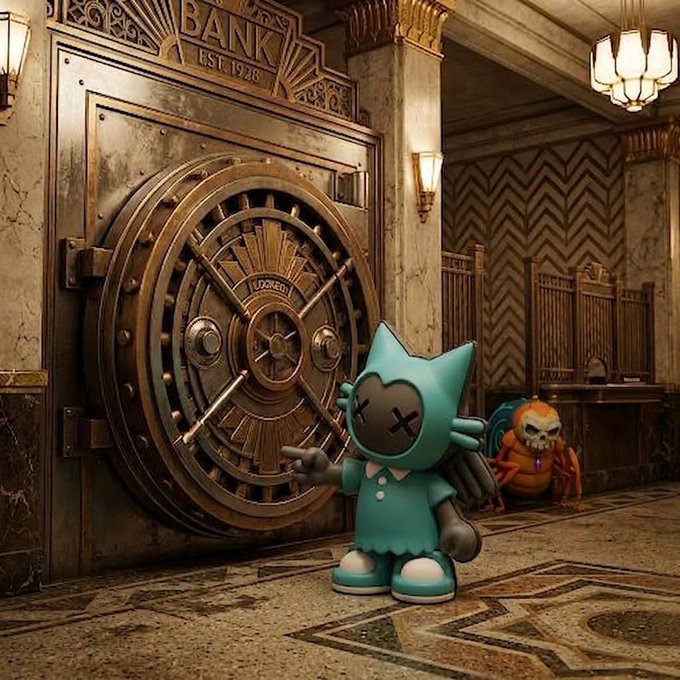 A designer toy figure with a teal cat-like hood and X-eyes stands in front of an ornate bank vault door labeled 'BANK EST 1928', with a small orange skull-like creature lurking behind it.