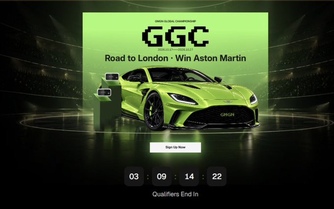 A lime-green Aston Martin racing promotion reads "GGC", "Road to London · Win Aston Martin", "Sign Up Now", and "Qualifiers End In", with countdown boxes "03", "09", "14", and "22".