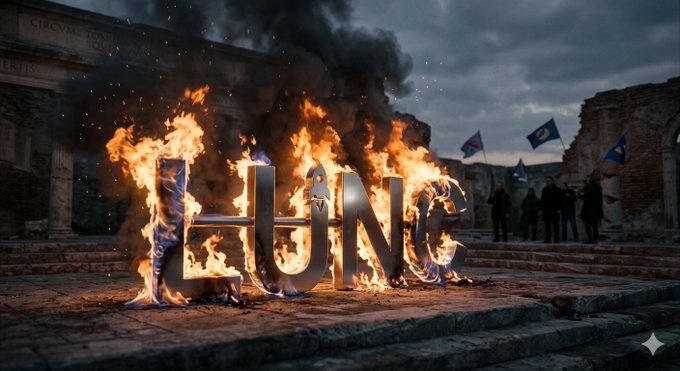 The image features a large, charred metal sign with the word "LUNC" written on it. The sign has been set ablaze, creating an intense fire that burns brightly against the dark sky. In the background, there are people standing around the burning sign, possibly witnessing or participating in this act of destruction.

The post accompanying the image reads: "Keep burning". This phrase is meant to convey a message of defiance and resistance, suggesting that the act of burning the sign represents an act of rebellion against authority or societal norms. The use of fire as a symbol for burning away old ideas or systems can be seen as a call to action for change or revolution in this context.