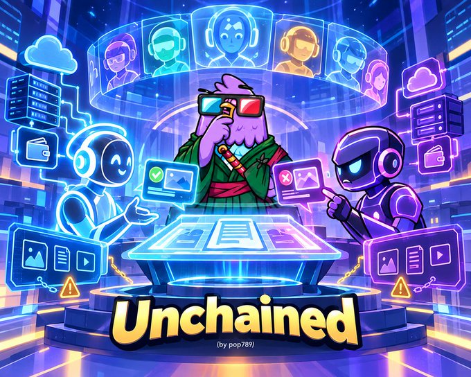 A vibrant NFT-style digital artwork titled 'Unchained by pop789' featuring cartoon characters wearing 3D glasses and headsets in a futuristic, neon-lit setting.