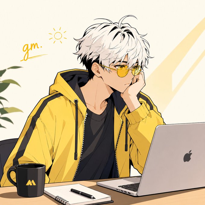 The image features a man sitting at a desk with an open laptop computer, wearing glasses and a yellow jacket. There are also two books placed next to him on the desk. The background of the image shows a plant behind the man, adding some greenery to the scene. The caption "gm Friday BTC and ETH bleeding again. At this point the only green candle in my life is my online status." seems to be related to the post about Bitcoin mining that was shared earlier.