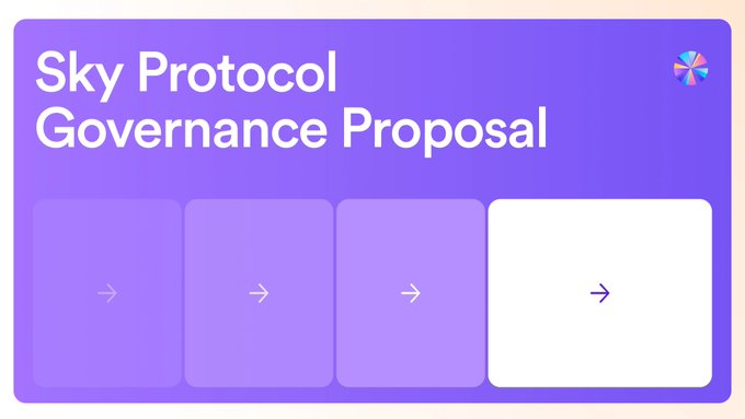 A purple graphic titled "Sky Protocol Governance Proposal" features four connected boxes with arrows, illustrating a four-step process or framework. The visual corresponds to the post's announcement about Sky Governance's proposed changes to the cost of capital mechanics, specifically highlighting a narrower Base Rate spread across the ecosystem.