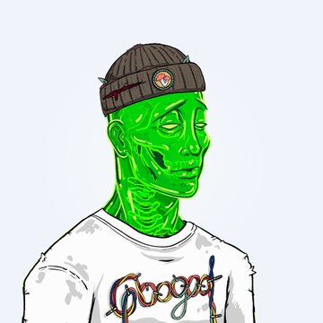 A digital illustration of a character with green glowing skin wearing a beanie and a white t-shirt with colorful 'Googo' text, in a stylized cartoon art style.