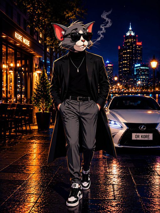 A stylized illustration of an anthropomorphic cat wearing sunglasses, a black turtleneck, and a long coat, walking down a rainy city street with a Lexus car labeled "DR KORE" in the background.