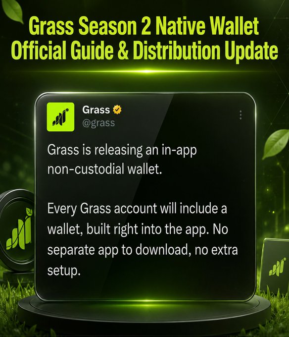 The image features an announcement from Grass about their Native In-App Non-Custodial Wallet, which is set to launch in mid-July. The post emphasizes that every user's account will have access to a native wallet built into the app, providing them with a secure and convenient way to manage their finances within the app.