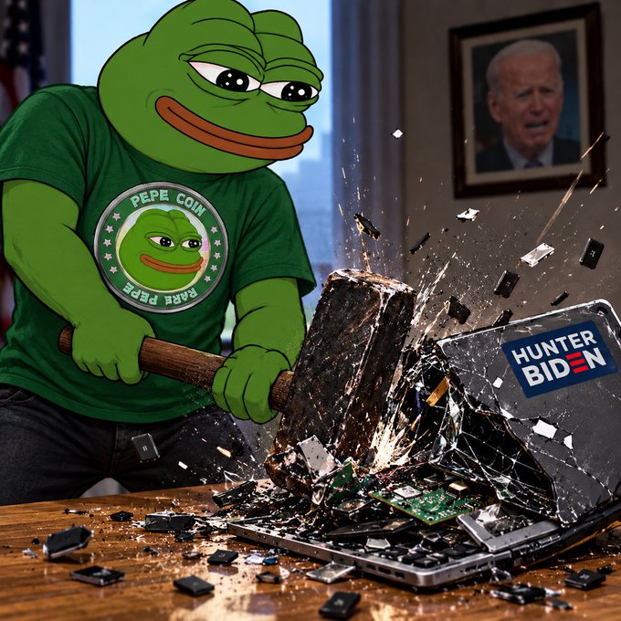 A cartoon image of Pepe the Frog wearing a 'PEPE COIN RARE PEPE' shirt and smashing a laptop with a sledgehammer; the laptop displays a 'HUNTER BIDEN' sticker and a portrait of Joe Biden hangs on the wall behind.