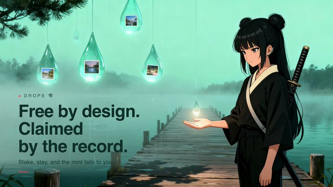 A digital artwork of an anime-style character in a black kimono with a katana, standing on a misty pier, with glowing raindrops containing small landscape images and text reading 'Free by design. Claimed by the record. DROPS 零'.