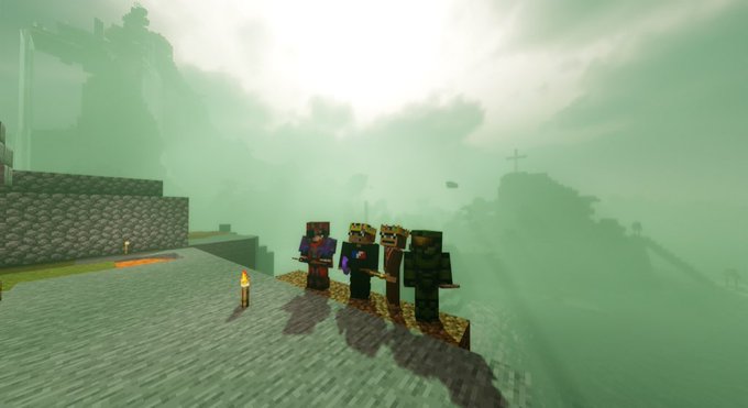 Four blocky Minecraft characters stand together on a stone platform in a foggy, green-tinted landscape, holding weapons in a defensive pose. The image captures the unbreakable solidarity and resilience of the $MLG community, symbolizing a united front against the misty unknown.