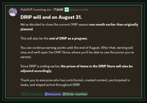 A Discord announcement from 'RobSVR Investing arc' dated 8/12/24 stating 'DRIP will end on August 31,' explaining that the current season will close early and DRIP as a program will end, with a DRIP Store opening afterwards.