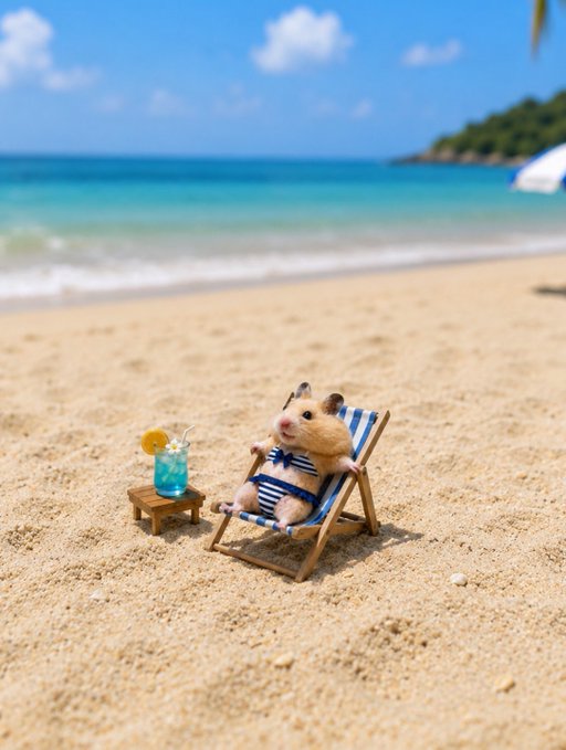 A hamster in a striped swimsuit relaxing on a miniature beach chair on a sandy beach with a blue ocean in the background, accompanied by a small table with a cocktail.