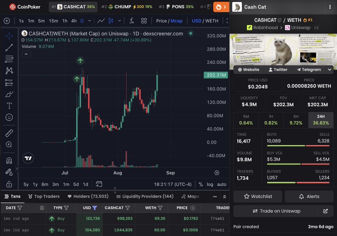 A DexScreener chart of CASHCAT/WETH on Uniswap showing the token's price crash from a peak around $320 down to roughly $69 (an ~85% decline), with a recent buy of $171,806 worth of CASHCAT ($123,736 in WETH) noted 14 days ago—matching the post's mention of someone doubling down on their losing position despite massive losses.