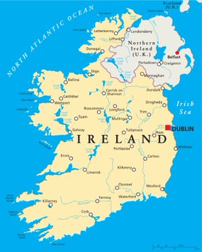 A geographical map of Ireland showing major cities like Dublin, Belfast, Cork, and Galway, surrounded by the North Atlantic Ocean and Irish Sea, with Dublin marked by a red square.