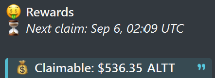 A rewards interface screenshot showing 'Next claim: Sep 6, 02:09 UTC' and a claimable balance of '$536.35 ALTT'.