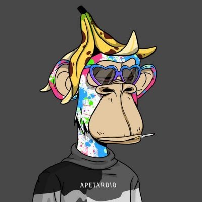A digital NFT illustration of a cartoon ape character wearing a banana peel hat, heart-shaped sunglasses, and smoking, with the text "APETARDIO" displayed on its chest.