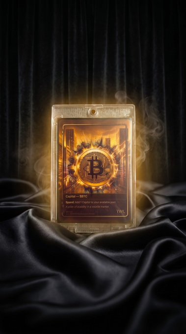 A glowing, holographic Bitcoin trading card displayed inside a clear protective case, resting on draped black satin fabric against a dark curtain background.