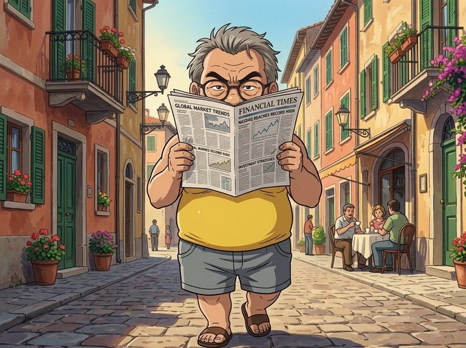A cartoon illustration shows a middle-aged man reading a "Financial Times" newspaper with headlines about "Global Market Trends" and "Investment Strategies" as he walks down a sunny Mediterranean cobblestone street past outdoor cafés and flower-adorned buildings. The image complements the post's warning by visually representing someone carefully studying financial news—a fitting metaphor for staying vigilant against misinformation in the markets and heeding the cautionary advice to be wary of those disguising poor investments as opportunities.