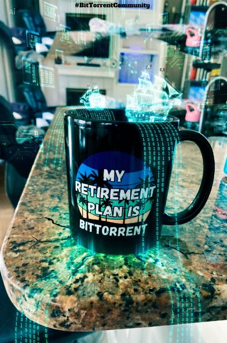 A black mug with the text 'MY RETIREMENT PLAN IS BITTORRENT' sits on a granite countertop, overlaid with digital matrix-style green graphics and labeled '#BitTorrentCommunity' at the top.